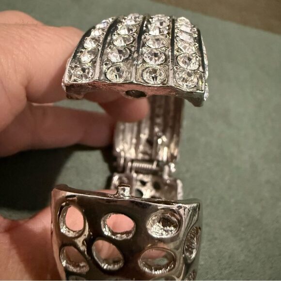 WIDE SILVER RHINESTONE HINGED CUFF BRACELET – 2.5” x 2.7” STATEMENT BANGLE - Picture 7 of 17
